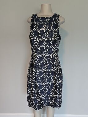 Kay Unger navy/gray jaquard sleevess floral dress-14